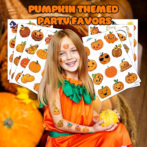 96 PCS Funny Halloween Fall Little Thanksgiving Pumpkin Pre-cut Temporary Tattoos Sticker Autumn Birthday Party Favors Supplies Gifts Boys Girls Baby Shower Cute School Reward Themed
