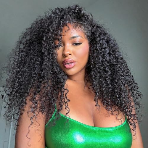 22Inch Half Wig Human Hair Kinky Curly 250% Density 3 In 1 Seamless Flip Over Half Wig for Women Glueless Wear and Go Drawstring Wig Human Hair Natural Black Beginner Friendly