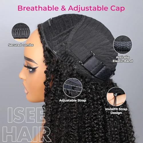 ISEE Half Wig Afro Curly 3 In 1 Glueless Wigs Human Hair Seamless Kinky Curly Flip Over Beginner Friendly Wear & Go Drawstring Band Clip in Wig Human Hair Black Color 14 Inch