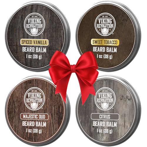 Viking Revolution 4 Beard Balm Variety Pack (1oz Each)- Spiced Vanilla, Sweet Tobacco, Majestic Oud, Citrus - Styles, Strengthens & Softens Beards & Mustaches - Leave in Conditioner Wax for Men