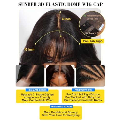 Sunber Put On and Go Glueless Wigs Pre Plucked Pre Bleached Human Hair Loose Wace With Curtain Bangs Bye Bye Knots Pre Cut Lace 13X4 HD Lace Front Wig 16Inch