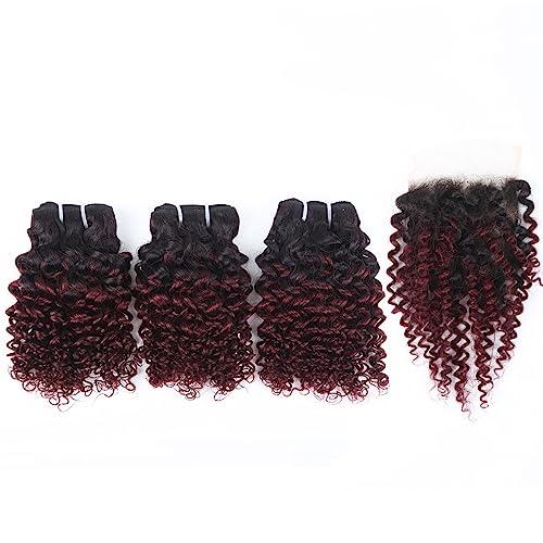1b/99j Curly Human Hair Bundles and Closure(10 10 10+10) Kinky Curly Bundles Human Hair Brazilian Virgin Ombre 99j Burgundy Red Human Hair 3 Bundles with 4x4 Closure 50 Gram/Bundle