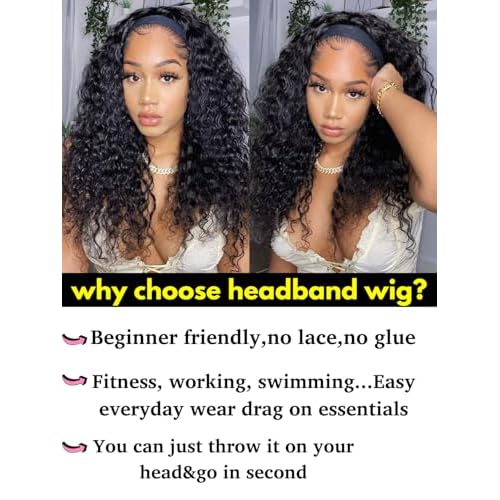 28inch Water Wave Headband Wig Human Hair Curly Drawstring Headband Wigs Human Hair Wear and Go Glueless Wigs for Black Women 220 Density None Lace Front Wigs Natural Color