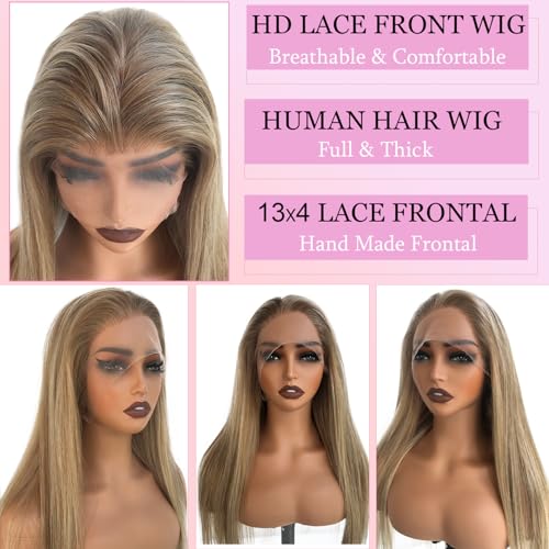 Highlight Lace Front Wig Human Hair Pre Plucked 13x4 Lace Frontal Wigs Glueless Straight Ash Brown to Ash Blonde Highlights Human Hair Wig 180% Density 24 Inch