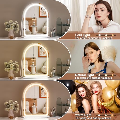 Hasipu Vanity Mirror with Lights, 11"¡¿ 14" Arched LED Makeup Mirror, Lighted Makeup Mirror with Lights, Smart Touch Control Dimmable 3 Modes Light 360¡ÆRotation White