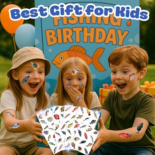 Generic Fishing Temporary Tattoos - Gone Fishing Fish Lake 96 PCS Funny Fish Themed Stickers for Kids Birthday Party Supplies, Decorations, Favors and Prizes - Cute Gifts for Boys and Girls