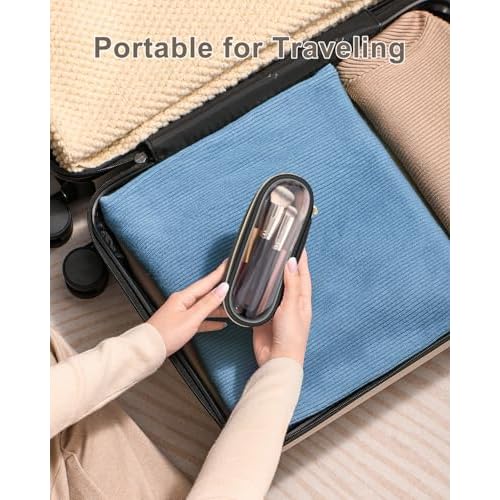 Clear Travel Makeup Brush Holder, Leather Makeup Brush Toiletry Bag, Portable Cosmetic Brush Case, Transparent Waterproof Makeup Brush Storage Bag, Black