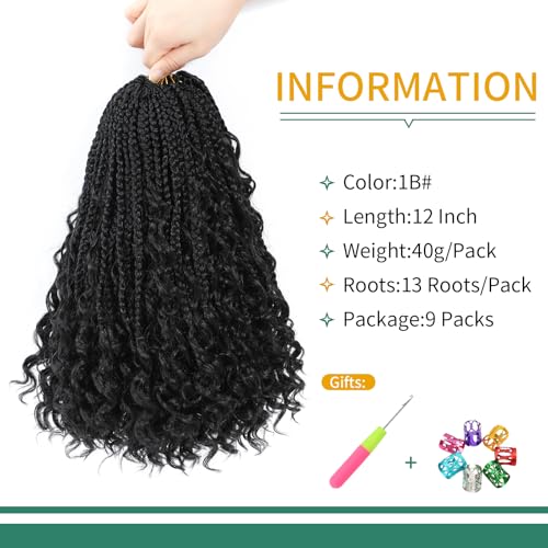 Karida 9 Packs Goddess Box Braids Crochet Hair 12 inch, Pre Looped Crochet Boho Box Braids With Curly Ends Crochet Hair For Black Women (12 Inch, 1B#)