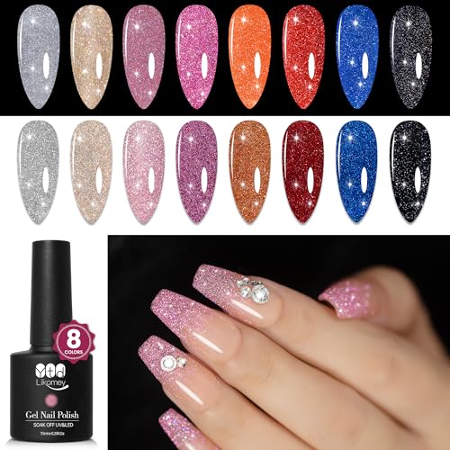 YTD Likomey Reflective Glitter Gel Nail Polish Set,Fall Winter Falsh 8 Colors Holographic Diamond Sparkly Black Silver Gold Blue Red Pink Plum Orange Salon Home UV Color Varnish Gift,0.25 Fl Oz 7.5 ml