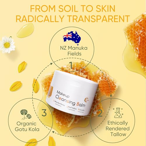 Grocerism Makeup Remover & Cleansing Balm with Manuka Honey & Centella Asiatica, Soothing Cleansing Balm with Beef Tallow for Dry, Sensitive Skin, Deep Cleanse & Moisturize, 3.53 Oz Organic Skincare