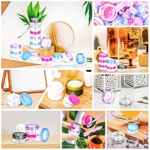 MotBach 100 Pack 3g 5g Plastic Jars Round Clear Cosmetic Containers with Lids, 3ml 5ml Travel Size Containers Sample Jars with Spatulas for Makeup Cosmetic Travel Lotion Cream Salve Balm Powder Sample