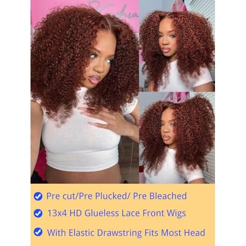 Nadula Reddish Brown Kinky Curly Drawstring Wig Human Hair 200% Density, Pre Cut 13x4 HD Pre Everything Glueless Bye Bye Knots Afro Kinky Lace Front Wigs Pre Plucked with Ear Tape Copper Red 16inch
