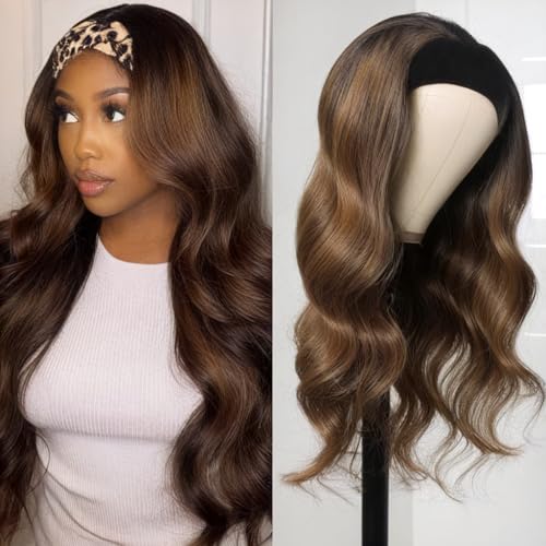 Headband Wig Human Hair Highlight Ombre Body Wave Headband Wig 30 Inch #4/27 Honey Blonde Brazilian Glueless Wig None Lace Front Wigs for Black Women 150% Density