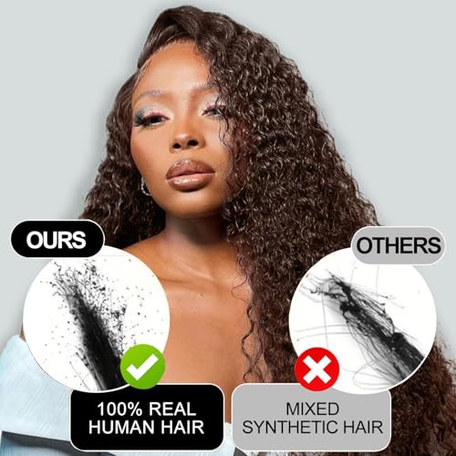13x6 Deep Wave Lace Front Wigs Human Hair Chocolate Brown Deep Curly Human Hair Wig for Women 220% Density HD Lace Front Wet and Wavy Wigs Pre Plucked Brazilian Virgin Hair 28inch