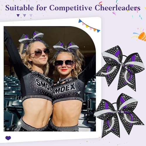 6PCS Full Glitter Rhinestone Cheer Bows Criss Cross Stiff Competition Large Cheerleading Hair Bows Elastic Band for Cheerleaders Girls -Black/Purple/Silver
