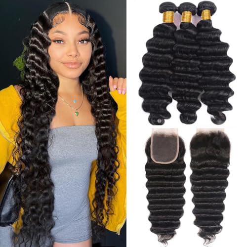 Loose Deep Wave Bundles with Closure(20 22 24+18 Inch,Free Part)100% Raw Human Hair Pre Plucked with Baby Hair 12A Loose Wave Bundles with 4x4 Closure Human Hair Deep Wave