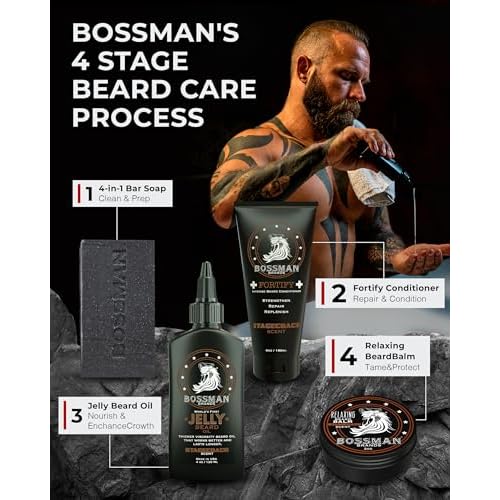 Bossman Essentials Beard Kit for Men, Set of 3 - Beard Oil Jelly, Fortifying Conditioner Cream, Beard Balm - Grooming Growth Care Accessories - Gift Set for Men (Vetiver X)