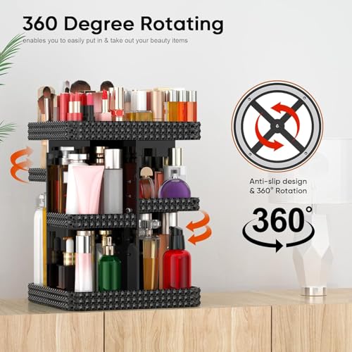 360 Rotating Makeup Organizer - Black Acrylic Makeup Storage for Vanity, Cosmetic Organizer with Lotion and Perfume Holder for Dresser