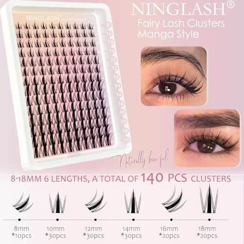 Fairy Lash Clusters Manga Cluster Eyelash NINGLASH Anime Lash Clusters Wispy Eyelashes Extensions Natural Look C Curl Individual 8-18MM 140pcs Wet-Look Spiky Eye Lash Ultra-Thin Clear Lash Band