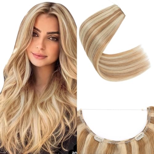 SEGO Invisible Wire Hair Extensions, Real Human Hair Adjustable Wire Extensions, 2 Clips for Women Transparent Fish Line Extensions, Add Length, 22 inches, Golden Brown Mixed Bleach Blonde, 75g