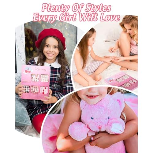 120PCS 5 Pack Press on Nails for Kids,Tweens Girls Soft Fake Nail Kit, Reusable Creative Design kids Nails, Full Cover Glitter Stick on Nails Girl Nails for Kids Ages 8-12