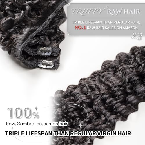 TRIIPPY Raw Hair Clip in Extensions Deep Wave - Triple Lifespan Virgin Hair, 20 Inches - Keep Texture & Smooth After Multiple Washes - 100% Indian Hair