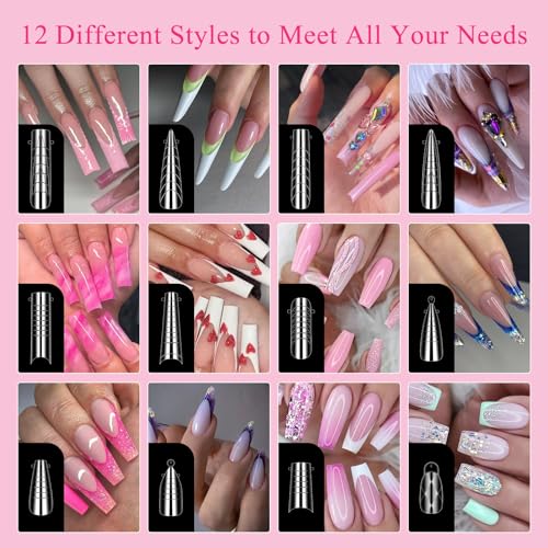 Nail Dual Forms for Poly Gel Set, 12 Styles 12 Sizes Nail Mold Extension Forms, 144Pcs Full Cover False Nail Tips, Duet System with 5pcs Nail Clips Nail Brush Nail Files Cuticle Trimmer