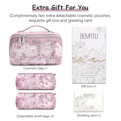BOYATU Travel Makeup Bag for Women: Large Capacity Make up Bag with Compartments - Vegan Leather Cosmetic Bag set of 3 - Waterproof Toiletry Bag with Handle & Divider(E-1-Purple)