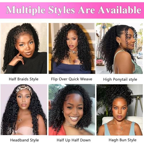 Burmese Curly Half Wig 18 Inch 200 Density Seamless Flip Over Wig Glueless Human Hair Curly 3 In 1 Half Wigs Wear and Go Drawstring Headband Wig for Women Beginner Friendly