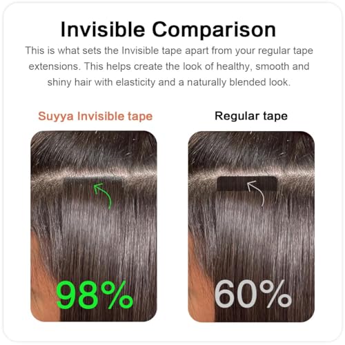 SUYYA Invisible Tape in Hair Extensions Human Hair Seamless Injected Hand-Tied Pro Virgin Human Hair Tape Ins Balayage Natural Black to Chestnut Brown 20PCS 50G/Pack Straight(20 inch #P1B/6/T1B)