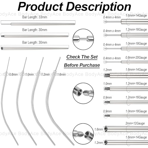 BodyAce 14G 16G 18G 20G Piercing Taper, Stainless Steel Threadless Insertion Pin Screw On Assistant Tool, Curved Body Piercing Stretching Kit for Ear/Nose/Navel/Lip/Eyebrow