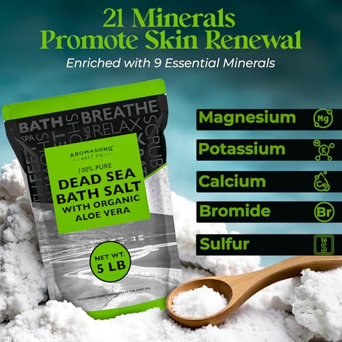 Aromasong Dead Sea Salt with Organic Aloe Vera, Spa Bath Salts, 5 Lbs Fine Bulk resealable Pack, 100% Pure & Natural, Soak for Women & Men for Tired Muscles & Skin Issues (Packaging May Vary)