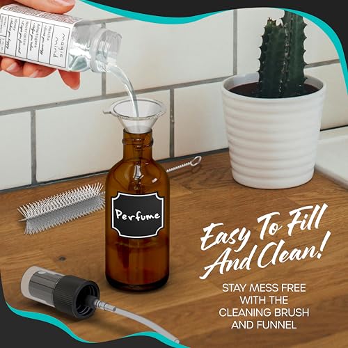 Nevlers 4 Oz Amber Spray Bottles 24 Pack | 118 mL Amber Glass Bottle Sprayer Set w/Funnel, Brush, Labels & Marker | Mist Bottle For Use as Travel Liquid Bottles for Fragrances, Essential Oils & More
