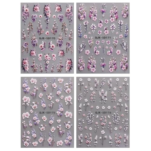 JMEOWIO 3D Embossed Flower Nail Art Stickers Decals Self-Adhesive 5D Spring Summer Floral Nail Supplies Nail Art Design Decoration Accessories 4 Sheets