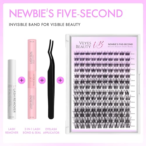 VEYESBEAUTY Lash Clusters Kit Individual Eyelash Extensions Thin & Invisible Band DIY False Eyelashes Newbie's Five-Second Series Wispy Lash Tray, LuxeBold KIT with Bond&Seal Remover Applicator