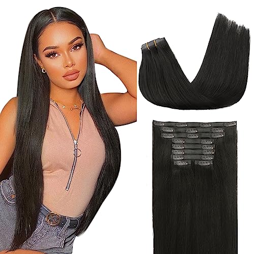 Lashey Seamless Clip in Hair Extensions, 9pcs 150g Straight Remy Human Hair Extensions Clip in 24 Inch #1B Natural Black Real Hair Extensions with 100% Real Human Hair