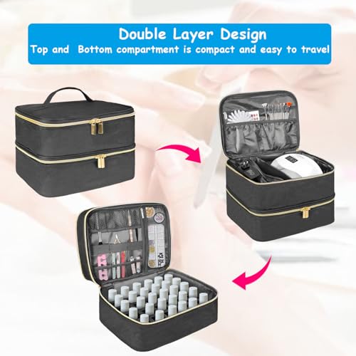 Nail Polish Carrying Case, Double-Layer Nail Polish Storage Bag- Fits Nail Dryer Lamp and 30 Bottles(15ml/0.5 fl.oz), Nail Polish Organizer bag with Adjustable Dividers for Manicure Set (Black)
