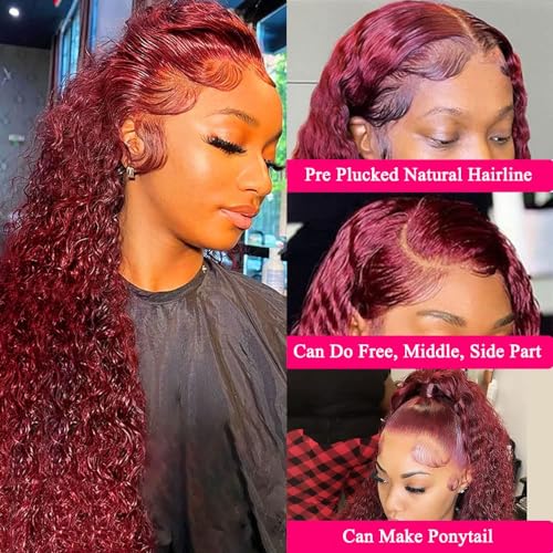 28 Inch Deep Wave Curly 99J Burgundy Lace Front Wigs Human Hair Red Colored Human Hair Wig For Black Women13x4 Curly Transparent Lace Front Wig Pre Plucked