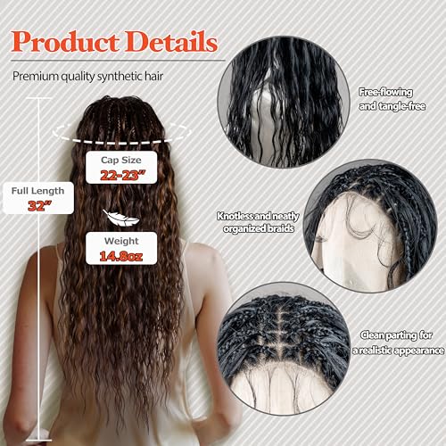 Micro Boho Indian Ripple Deep Wave Box Braided Wig - Knotless Braided Wigs for Black Women - Curly Hair Wig with Natural Baby Hair - Full Lace 360 Wig (#T42730 Highlight Mix, 32¡±)