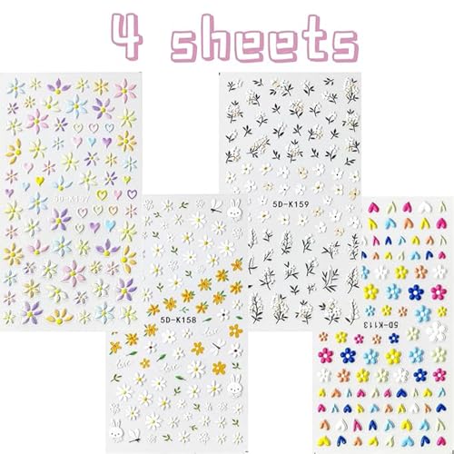 Flower Nail Art Stickers - 5D Embossed, Spring/Summer Daisy Designs, Self-Adhesive Decals for Women's Nail DIY Decoration