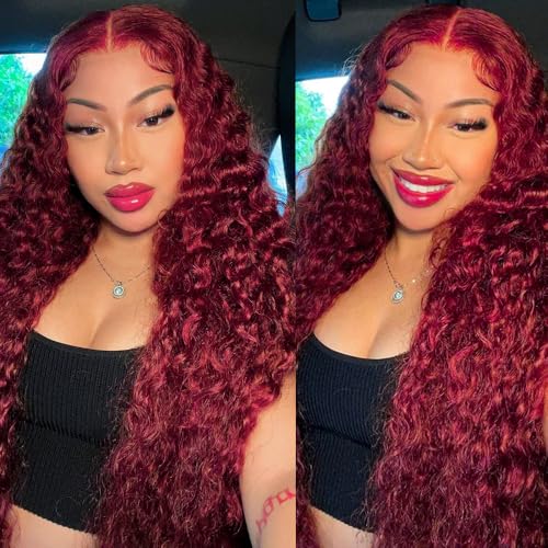 99J Burgundy Lace Front Wigs Human hair Deep Wave 13x6 HD Lace Frontal Wigs Human Hair Pre Plucked 200 Density Wine Red Colored 99J Curly human Wig with Baby Hair 26 inch Glueless Wig