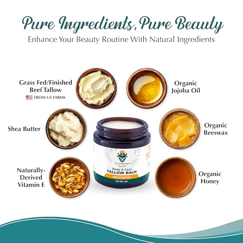 Grass Fed Beef Tallow Balm for Face and Body with Shea Butter, Organic Jojoba Oil, Honey, and Beeswax ? Beef Tallow for Skin ? Unscented Balm ? 4 oz