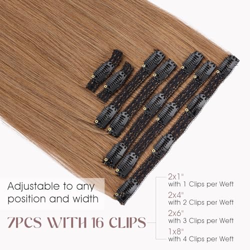 Elailite Clip in Hair Extensions Real Human Hair, Remy Hairpieces for Women, 7PCS Lace Weft Full Head, 22 Inch 130g Light Brown