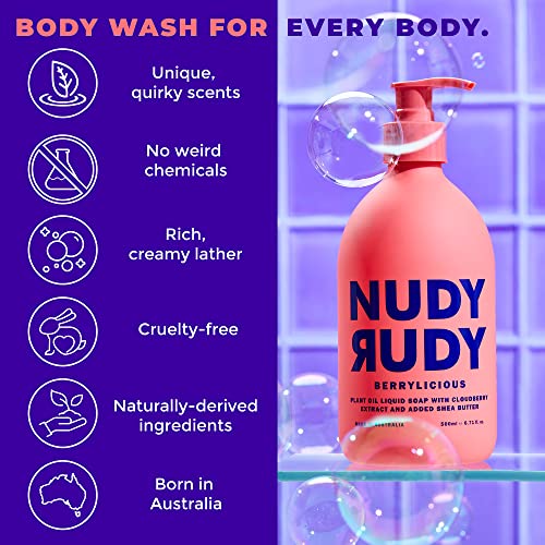 Nudy Rudy 3 Pack Liquid Body Wash Bundle Sea Salt Suds Berrylicious and Hunny Bunny Aloe Manuka Honey Vitamin E Moisturizing Shower Gel Body Wash Skin Care Men and Women 16.9 fl oz