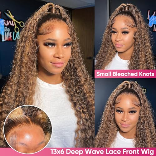 26 Inch Highlight Ombre Lace Front Wigs Human Hair P4/27 Honey Blonde Deep Wave 13x6 HD Lace Front Wigs 200 Density Pre Plucked with Baby Hair Glueless Frontal Wigs for Women
