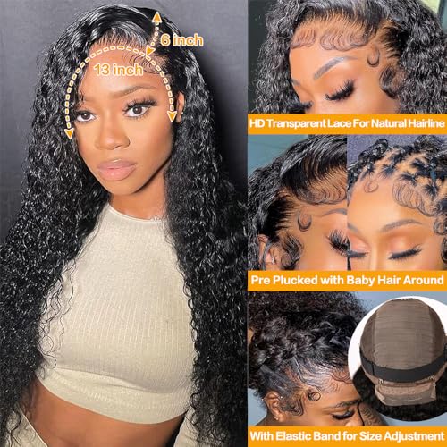 13x6 Deep Wave Lace Front Wigs 200% Density 13x6 HD Transparent Frontal Wigs for Women Deep Curly Glueless Wigs Pre Plucked with Baby Hair Natural Black (32Inch)