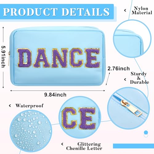 6 Pcs Dance Makeup Bag Cosmetic Bag with Chenille Letter Patches Waterproof Portable Cheerleader Toiletry Zipper Pouch for Girl Women Appreciation (Pastel Colors)