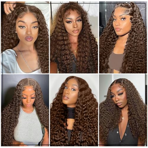 Chocolate Brown 13x4 Lace Front Wigs Human Hair 220 Density Deep Wave HD Lace Front Wigs 4# Curly Glueless Wigs Pre Plucked 13x4 Frontal Human Hair Wigs for Women (24 Inch)