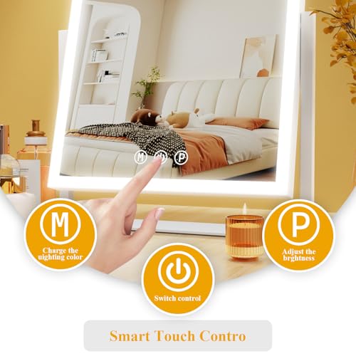 Lighted Makeup Mirror, 17.2"x13.6" Hollywood Vanity Mirror with Lights, Three Color Modes, Smart Touch Control, 360¡ÆRotation,with 5X Magnifying Glass