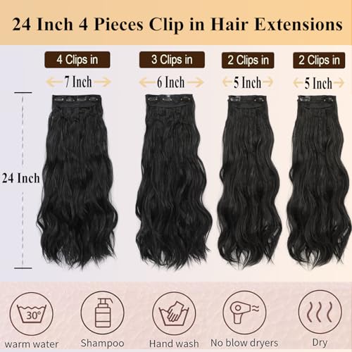 24 Inch Clip in Hair Extensions 4 Pcs - Curly Wave hair Extensions Clip Ins, Soft Natural Look Synthetic Fiber, Tangle Free, Lightweight, Long Use with Secure Invisible Clips, Daily Wear(1B)
